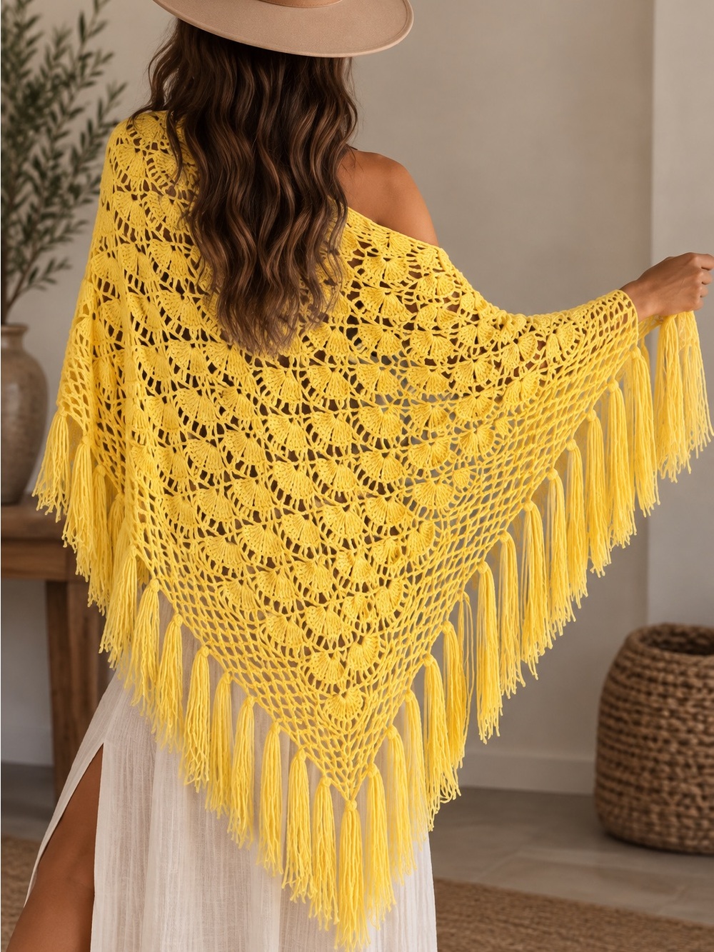 Yellow Crochet Fringe Shawl Wrap -